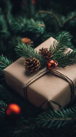 Gift wrapped in kraft paper with pine and cones on top.