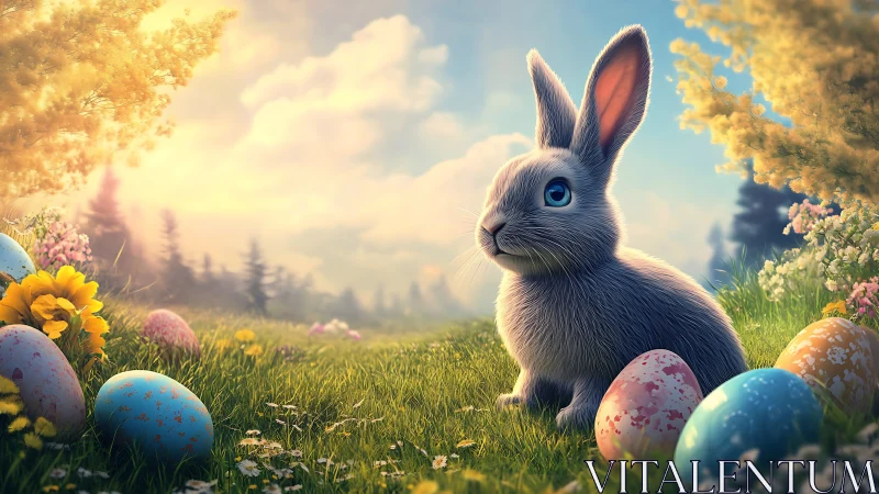 Easter bunny sits in sunny meadow surrounded by eggs