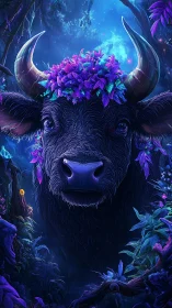 Gentle forest buffalo crowned in glowing violet flowers.