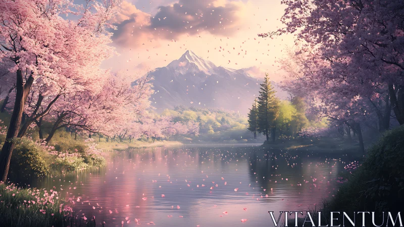 Gentle cherry blossom lake cradled by distant mountains.