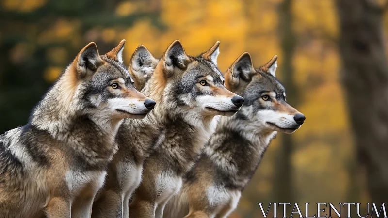 Warm autumn forest pack of wolves sharing a quiet moment.