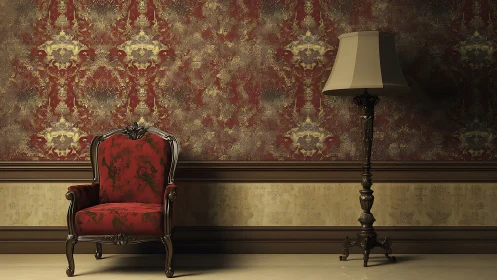 Digital baroque interior vignette with ornate chair and lamp.