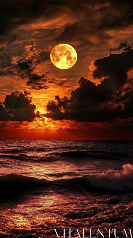 Luminous full moon over scarlet ocean at dramatic dusk.