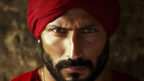 Gaze of embered resolve beneath a crimson wrapped turban.