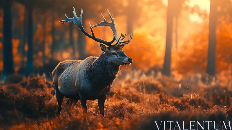 Morning antlered monarch strolls through ember-bright forest haze