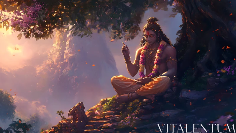 Seated figure meditates beneath large tree in forest setting