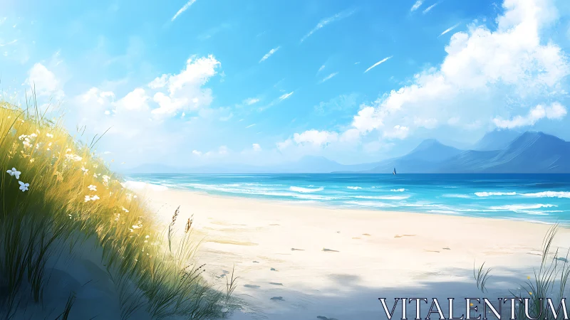 Sunlit coastal dunes overlook tranquil turquoise shoreline.