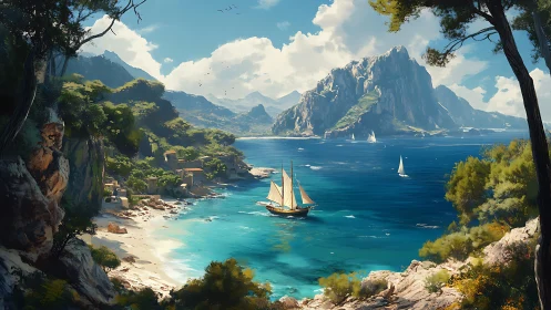 Coastal inlet with sailing vessels and distant rocky island