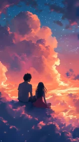 Silhouetted pair seated on clouds under vivid evening sky.