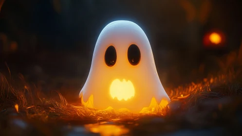 Small glowing ghost figure in dim outdoor setting.