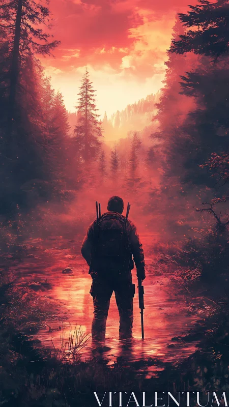 Solitary armed figure stands in shallow stream at red sunset