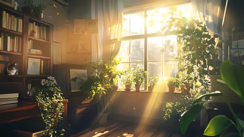 Sunlit home library window with houseplants and cat.