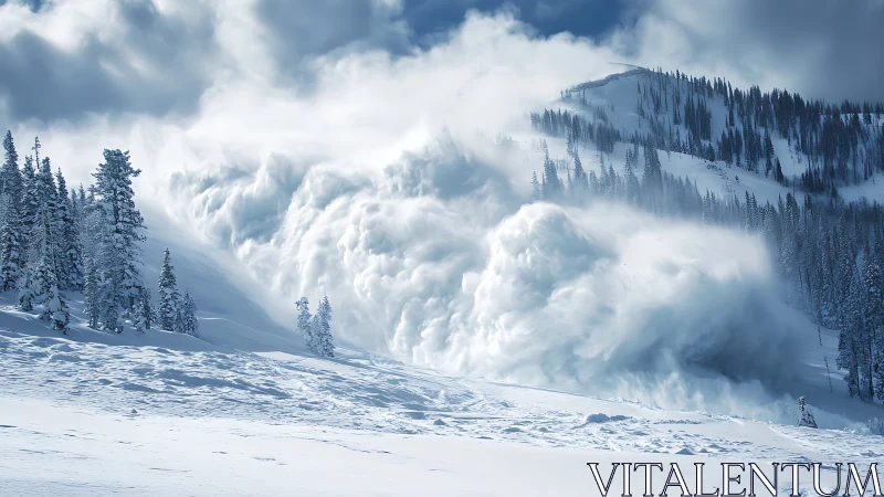 Mountain avalanche surge with dense powder cloud in motion.