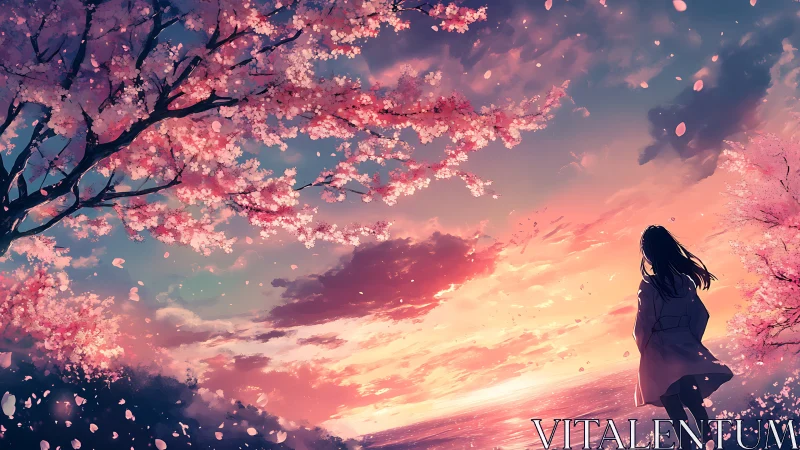 Girl lingers beneath cherry blossoms at a glowing ocean sunset