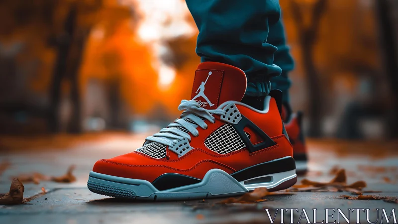 Photorealistic sneaker close-up on autumn street scene.