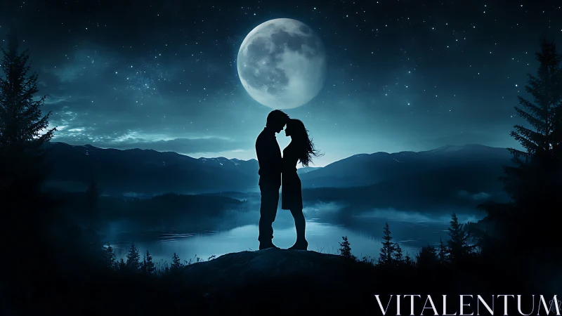 Silhouetted Couple Under Full Moon Landscape.