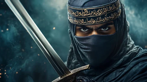 Photorealistic warrior portrait with engraved scimitar focus.