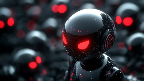 Glossy black robot heads with red illuminated eye slits.
