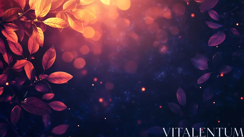 Glowing orange leaves against deep blue abstract background.
