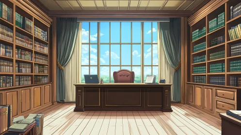 Orderly private library office with central windowed wall.