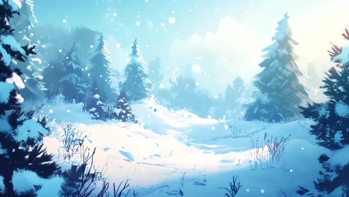 Snow covered forest clearing under bright winter light.