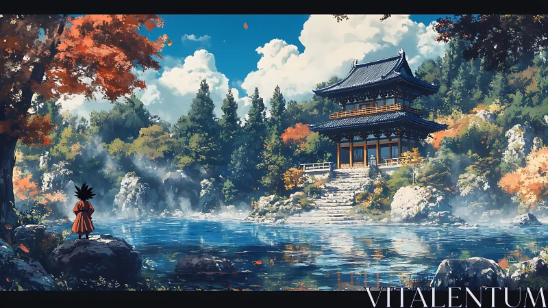 Child in orange robe overlooks lakeside temple in autumn