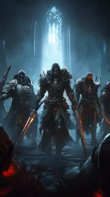 Shadowborn paladins stride through a haunted cathedral gloom.