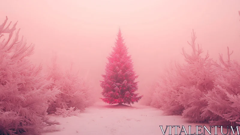 Lone Christmas tree glows in frosted pink winter forest