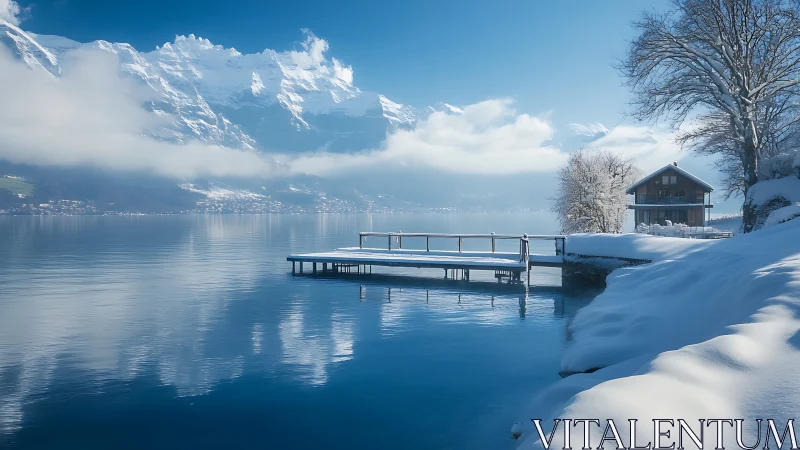 Snow-dusted lakeside jetty quietly mirrors cloud-draped peaks