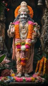 Ornate Hindu deity statue draped in vivid floral garlands.