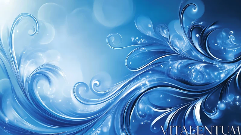 Swirling sapphire waves with luminous abstract flourishes.