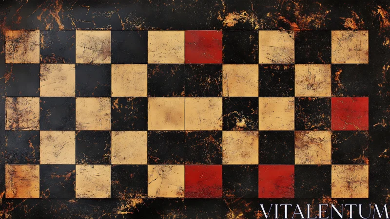 Weathered checkerboard grid glows with rustic red accents