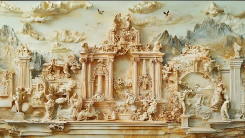 Relief sculpture of classical ruins with figures and mountains.