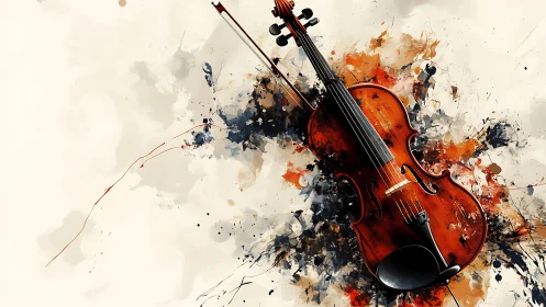Violin resting in explosive watercolor splatter field.