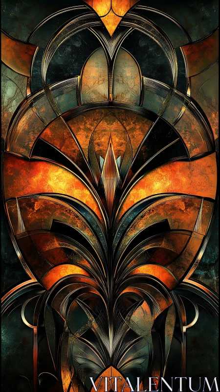 Radiant Art Deco bloom forged in molten copper light.