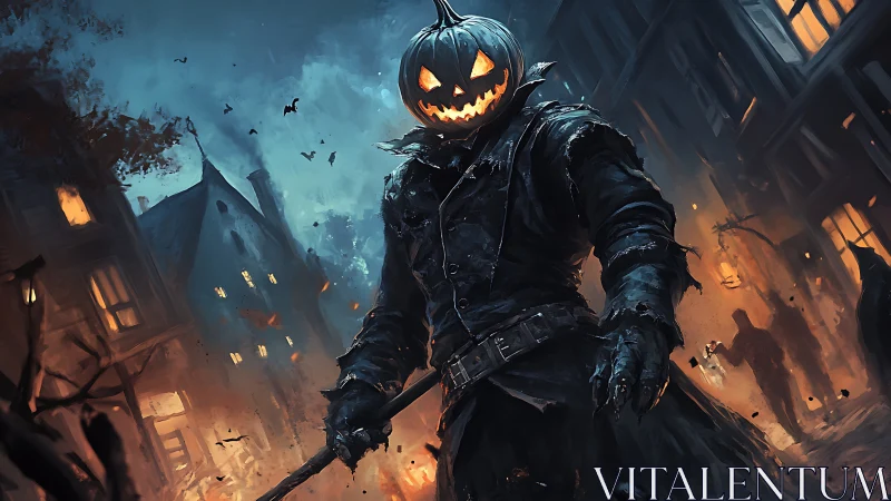 Digital painting of pumpkin-headed reaper in burning alleyway.