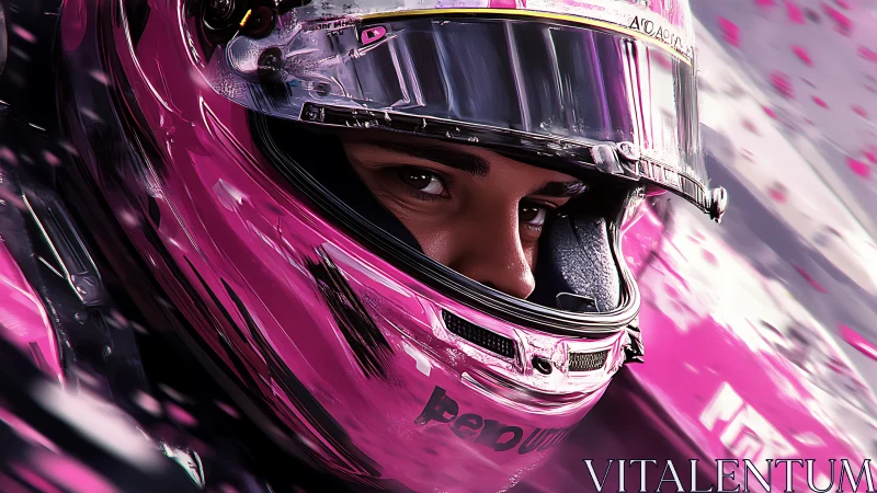 Racing driver close-up in vivid pink aerodynamic helmet.