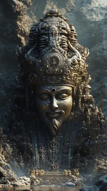 Colossal stone deity facade in misty cavern sanctuary.