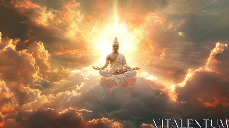 Radiant celestial yogi meditates within blazing sunset clouds