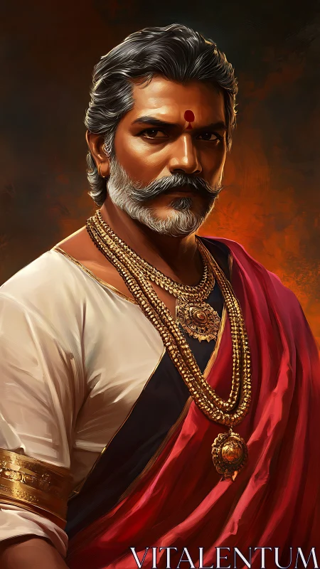 Regal Indian nobleman stands draped in red silk and gold jewelry.