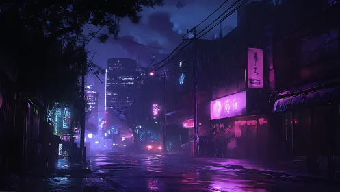 Neon soaked night street glows softly in gentle city rain