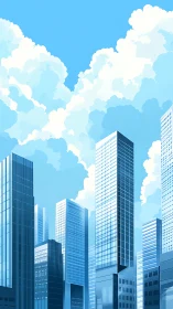 Modern glass skyscrapers under bright blue summer sky.