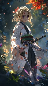 Anime samurai heroine in autumn forest, dynamic lighting study.