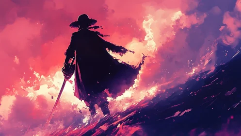 Storm-walking swordsman strides through molten sunset surf.
