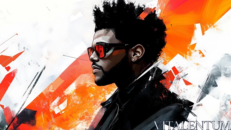 Profile portrait in kinetic red and white digital abstraction.