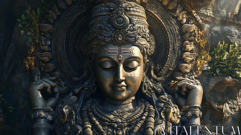 Serene stone deity bathed in gentle forest sunlight.