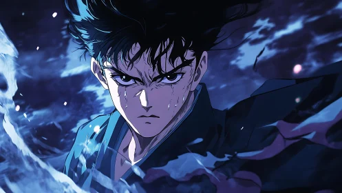 Storm-lit warrior carves through midnight with burning resolve