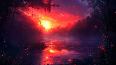 Dystopian Sunset Through Forest: High Dynamic Range Digital Rendering