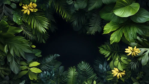 Deep green jungle window wrapped in soft golden blooms.