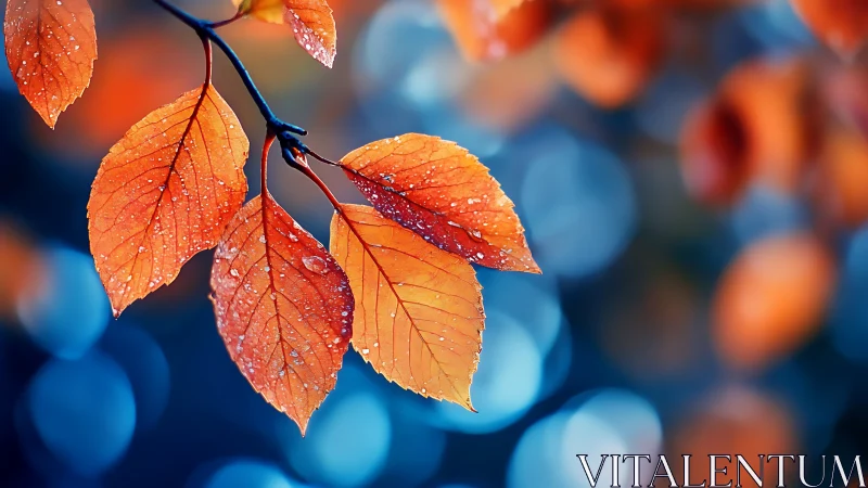 Macro study of rain-dappled autumn leaves against bokeh field.